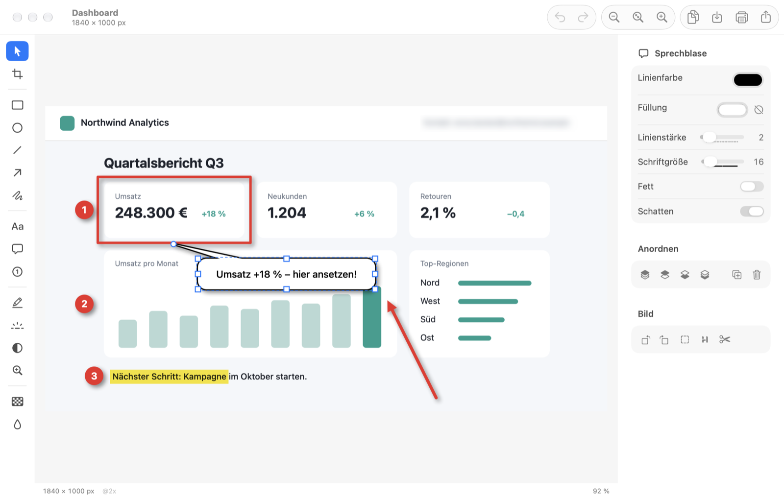 Der ScreenShotty-Editor mit einem markierten Dashboard: roter Rahmen, Pfeil, Sprechblase, nummerierte Schritte, Textmarker und eine weichgezeichnete E-Mail-Adresse.